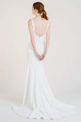 White Casual Wedding Dress With Train Bateau Neck Sleeveless Sexy Backless Satin Fabric Mermaid Bridal Gowns-Ballbella