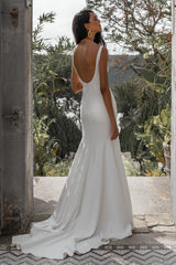 White Casual Wedding Dress With Train Bateau Neck Sleeveless Sexy Backless Satin Fabric Mermaid Bridal Gowns-Ballbella