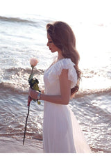 White Chiffon Ruffless Sleeves V neck Summer Beach Wedding Dress-Ballbella