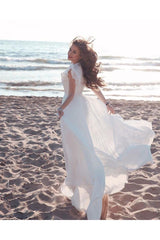 White Chiffon Ruffless Sleeves V neck Summer Beach Wedding Dress-Ballbella