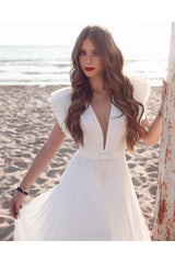 White Chiffon Ruffless Sleeves V neck Summer Beach Wedding Dress-Ballbella