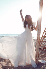 White Chiffon Ruffless Sleeves V neck Summer Beach Wedding Dress-Ballbella