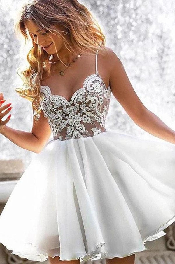 White Chiffon Spaghetti Straps Lace Appliques Homecoming Dress White Chiffon Spaghetti Straps Lace Appliques Homecoming Dress
