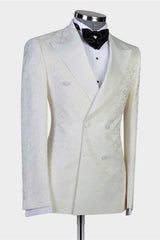 White Jacquard Double Breasted Peaked Lapel Wedding Suit for Men-Ballbella