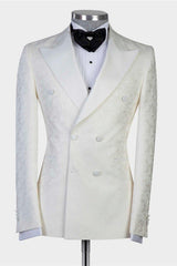 White Jacquard Double Breasted Peaked Lapel Wedding Suit for Men-Ballbella