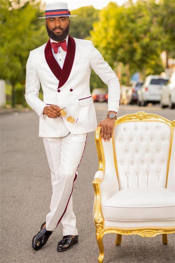White Jacquard Double Breasted Wedding Suit with Burgundy Lapel White Jacquard Double Breasted Wedding Suit with Burgundy Lapel