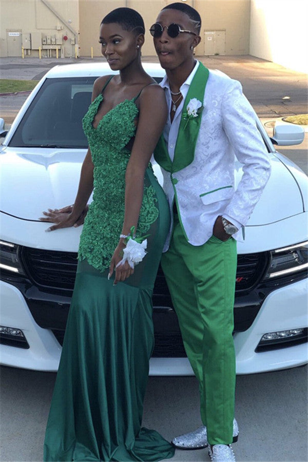 White Jacquard One Button Prom Outfits for Guy with Green Lapel White Jacquard One Button Prom Outfits for Guy with Green Lapel