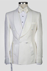 White Jacquard Shawl Lapel Double Breasted Men Suits for Wedding-Ballbella