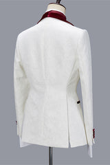 White Jacquard Three Pieces Wedding Groom Men Suits with Velvet Lapel-Ballbella