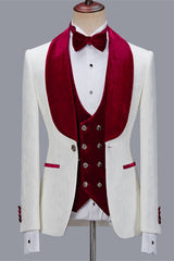 White Jacquard Three Pieces Wedding Groom Men Suits with Velvet Lapel-Ballbella