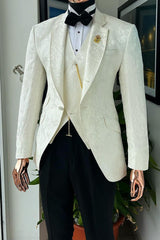 White Jacquard Wedding Suit for Groom with Waistcoat-Ballbella