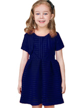 White Jewel Neck Cotton Blend Short Sleeves Tea-Length A-Line Pleated Kids Social Party Dresses-Ballbella