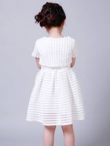 White Jewel Neck Cotton Blend Short Sleeves Tea-Length A-Line Pleated Kids Social Party Dresses-Ballbella