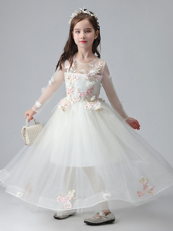 White Jewel Neck Long Sleeves Ankle-Length Princess Dress Tulle Flowers Beaded Embroidered Formal Kids Pageant flower girl dresses, White / 2-3y White Jewel Neck Long Sleeves Ankle-Length Princess Dress Tulle Flowers Beaded Embroidered Formal Kids Pageant flower girl dresses, White / 2-3y
