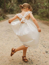 White Jewel Neck Sleeveless Lace Kids Social Party Dresses-Ballbella