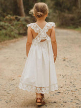 White Jewel Neck Sleeveless Lace Kids Social Party Dresses-Ballbella