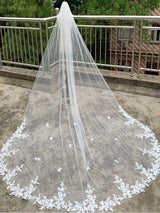 White Lace Appliques Wedding Veils One-Tier Tulle Waterfall Bridal Veils-Ballbella