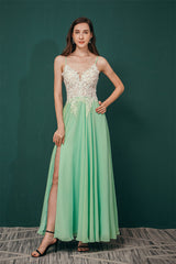 White Lace SPAGHETTI STRAPS High Split Mint green Evening Dress-Ballbella
