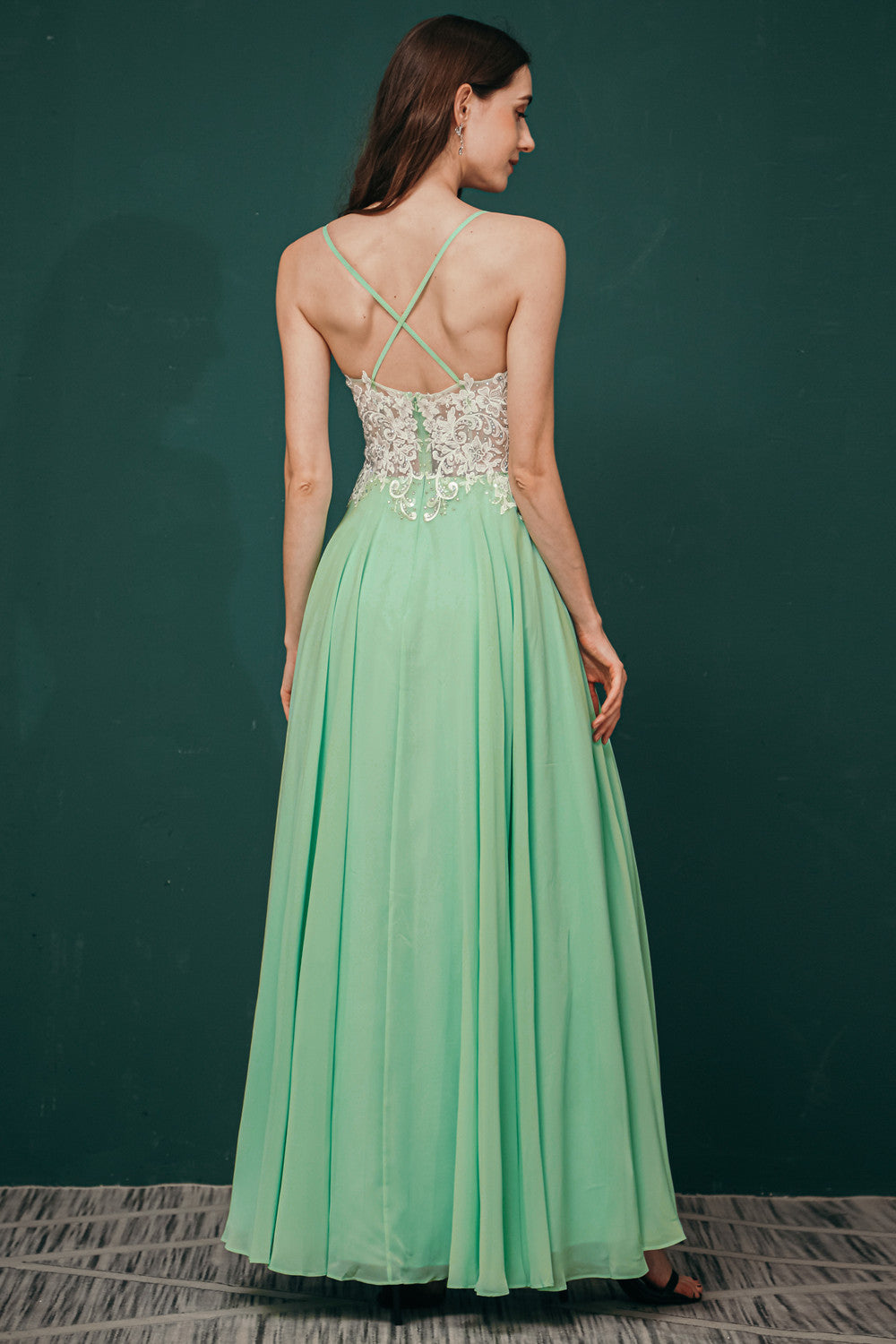 White Lace Spaghetti Straps High Split Mint Green Evening Dress, Mint Green / US2 White Lace Spaghetti Straps High Split Mint Green Evening Dress, Mint Green / US2