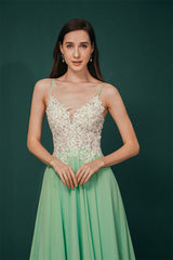 White Lace SPAGHETTI STRAPS High Split Mint green Evening Dress-Ballbella