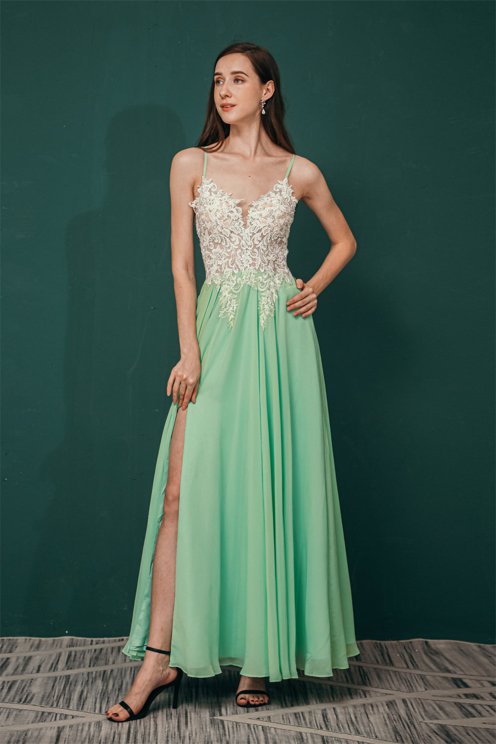 White Lace Spaghetti Straps High Split Mint Green Evening Dress, Mint Green / US2 White Lace Spaghetti Straps High Split Mint Green Evening Dress, Mint Green / US2