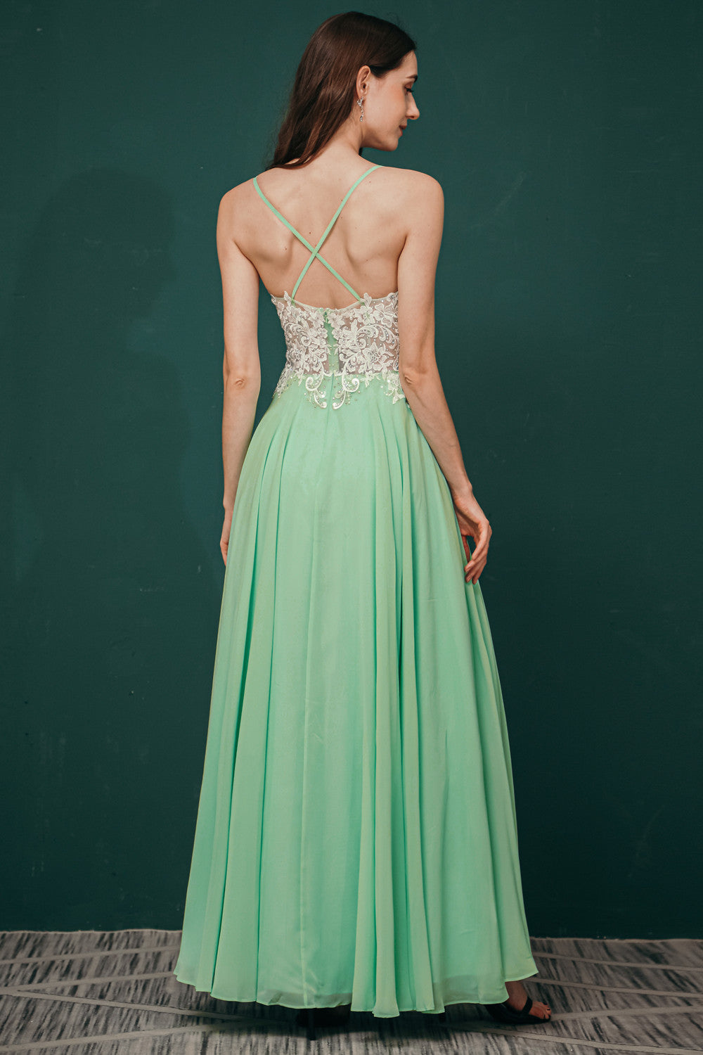 White Lace SPAGHETTI STRAPS High Split Mint green Evening Dress – Ballbella