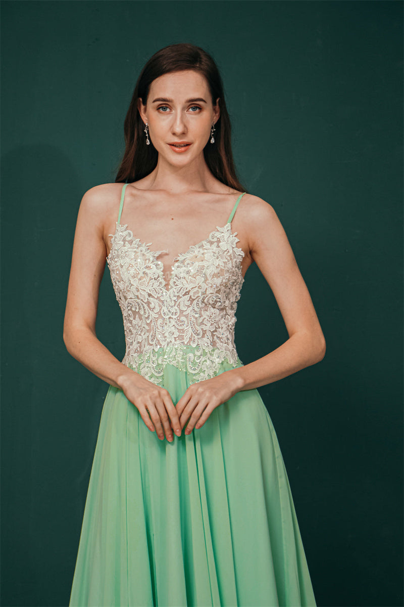 White Lace SPAGHETTI STRAPS High Split Mint green Evening Dress-Ballbella