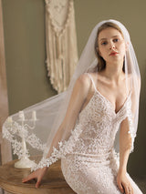 White Lace Tulle Veil Applique Edge Drop Wedding Veil-Ballbella