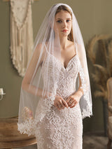 White Lace Tulle Veil Applique Edge Drop Wedding Veil-Ballbella
