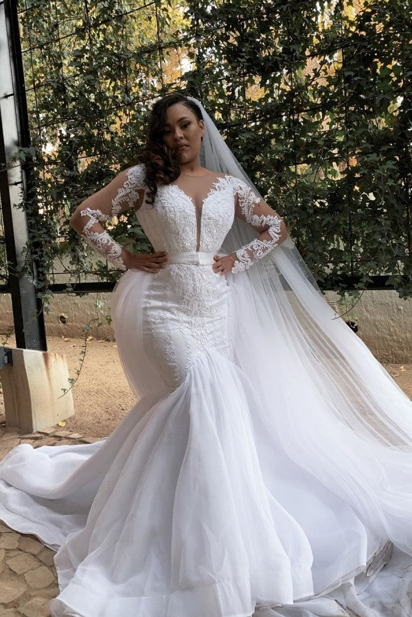 White Long Sleevess Plus size Mermaid Belt Wedding Dresses – Ballbella