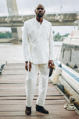 White Peaked Lapel Prom Suit with Sash-Ballbella