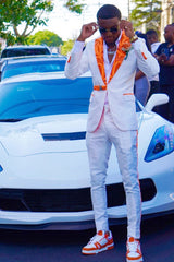 White Prom Suit with Orange Jacquard Peaked Lapel-Ballbella