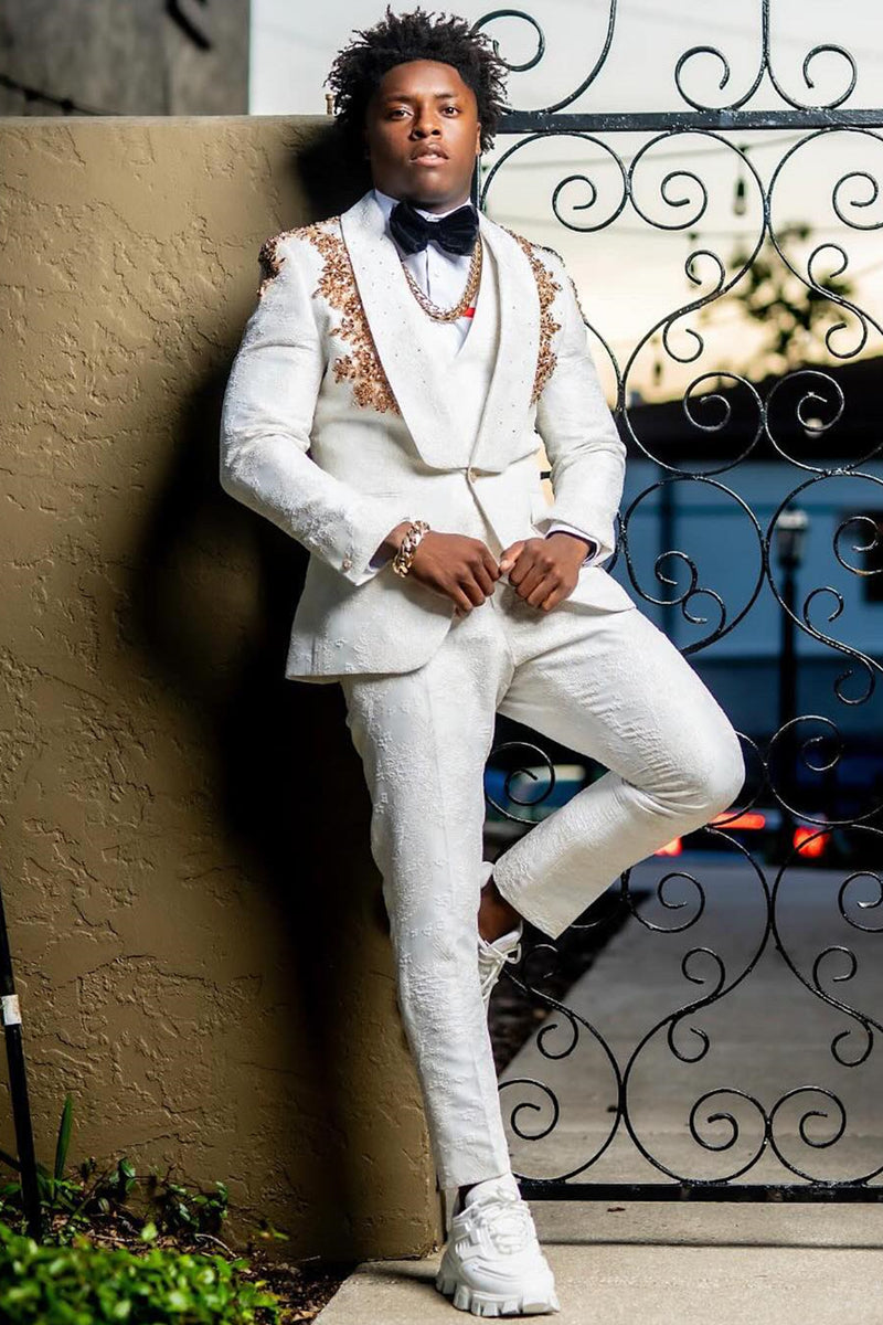 White Shawl Lapel 3-Piece Jacquard Prom Suit with Gold Beading White Shawl Lapel 3-Piece Jacquard Prom Suit with Gold Beading