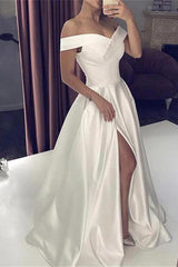 White Silky Off the shoulder High split Princess Wedding Dress-Ballbella
