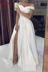 White Silky Off the shoulder High split Princess Wedding Dress-Ballbella