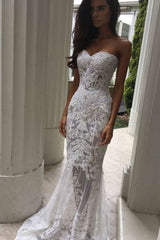 White Sweetheart Neck Sheer Lace Appliques Mermaid Wedding Dresses-Ballbella