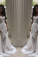 White Sweetheart Neck Sheer Lace Appliques Mermaid Wedding Dresses-Ballbella
