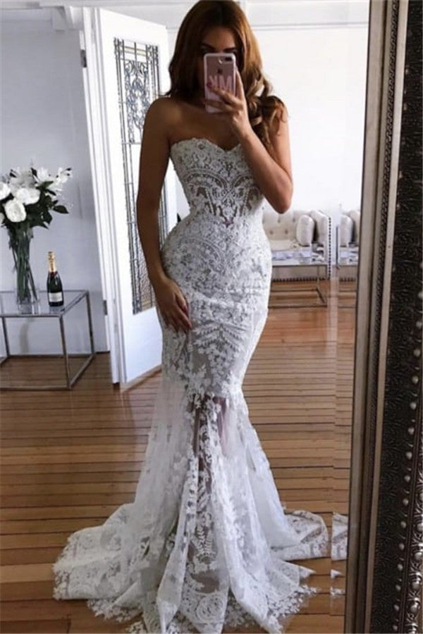 White Sweetheart Neck Sheer Lace Appliques Mermaid Wedding Dresses White Sweetheart Neck Sheer Lace Appliques Mermaid Wedding Dresses