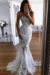 White Sweetheart Neck Sheer Lace Appliques Mermaid Wedding Dresses-Ballbella
