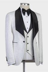 White Three-pieces Jacaquard Wedding Groom Suits with Black Shawl Lapel-Ballbella