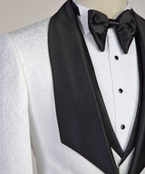 White Three-pieces Jacaquard Wedding Groom Suits with Black Shawl Lapel-Ballbella