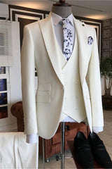White Three Pieces Peaked Lapel Bespoke Men Suits for Wedding-Ballbella