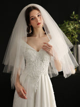 White Three-Tier Tulle Cut Edge Classic Bridal Veils-Ballbella