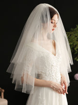 White Three-Tier Tulle Cut Edge Classic Bridal Veils-Ballbella