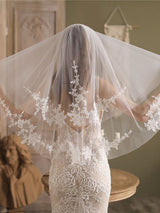 White Tulle Wedding Veils Two-Tier Lace Drop Bridal Veils-Ballbella