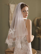 White Tulle Wedding Veils Two-Tier Lace Drop Bridal Veils-Ballbella