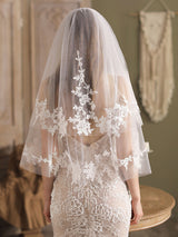 White Tulle Wedding Veils Two-Tier Lace Drop Bridal Veils-Ballbella