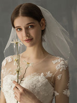 White Two Tier Pearls Tulle Cut Edge Drop Wedding Veils-Ballbella