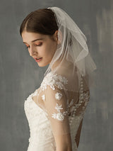 White Two Tier Pearls Tulle Cut Edge Drop Wedding Veils-Ballbella