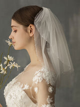 White Two Tier Pearls Tulle Cut Edge Drop Wedding Veils-Ballbella